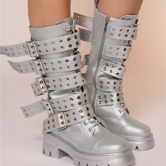 Silver Studded Women's Combat Boots - Picture 2 of 4